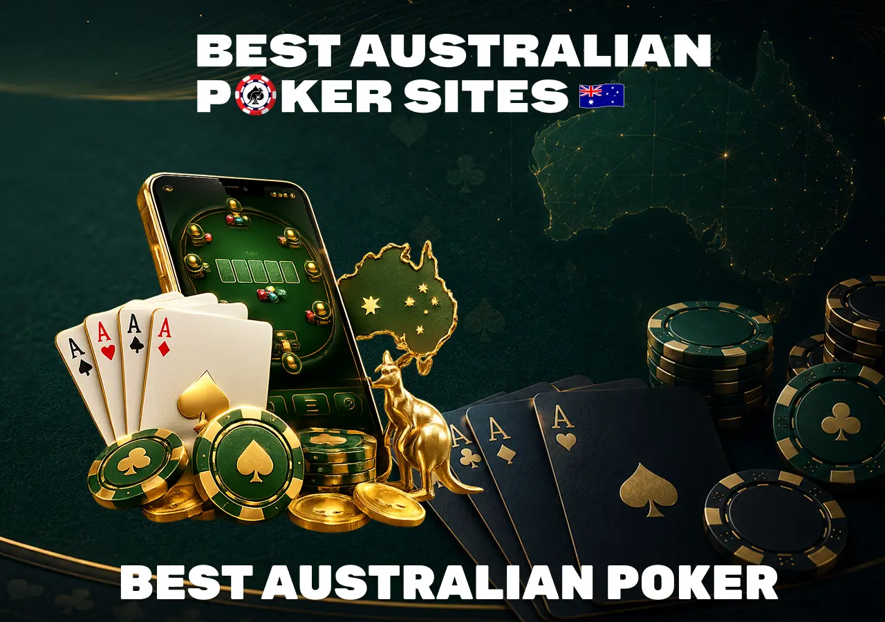 Australian online poker with mobile gameplay, chips, cards and casino elements