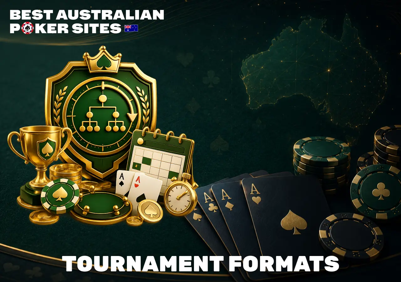 Online poker tournament formats illustration featuring schedules, brackets and prize pools