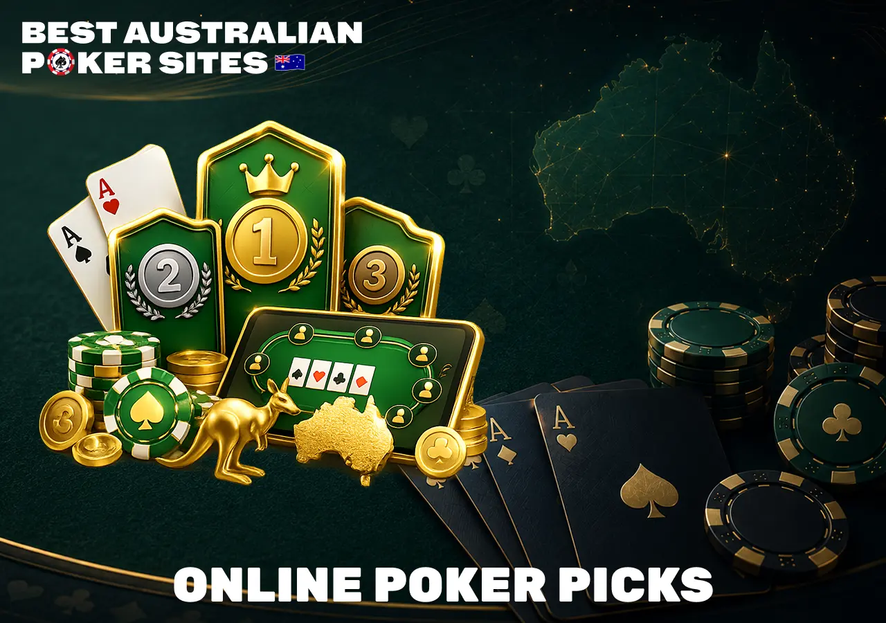 Online poker comparison graphic with player rankings, chips and Australian poker tables