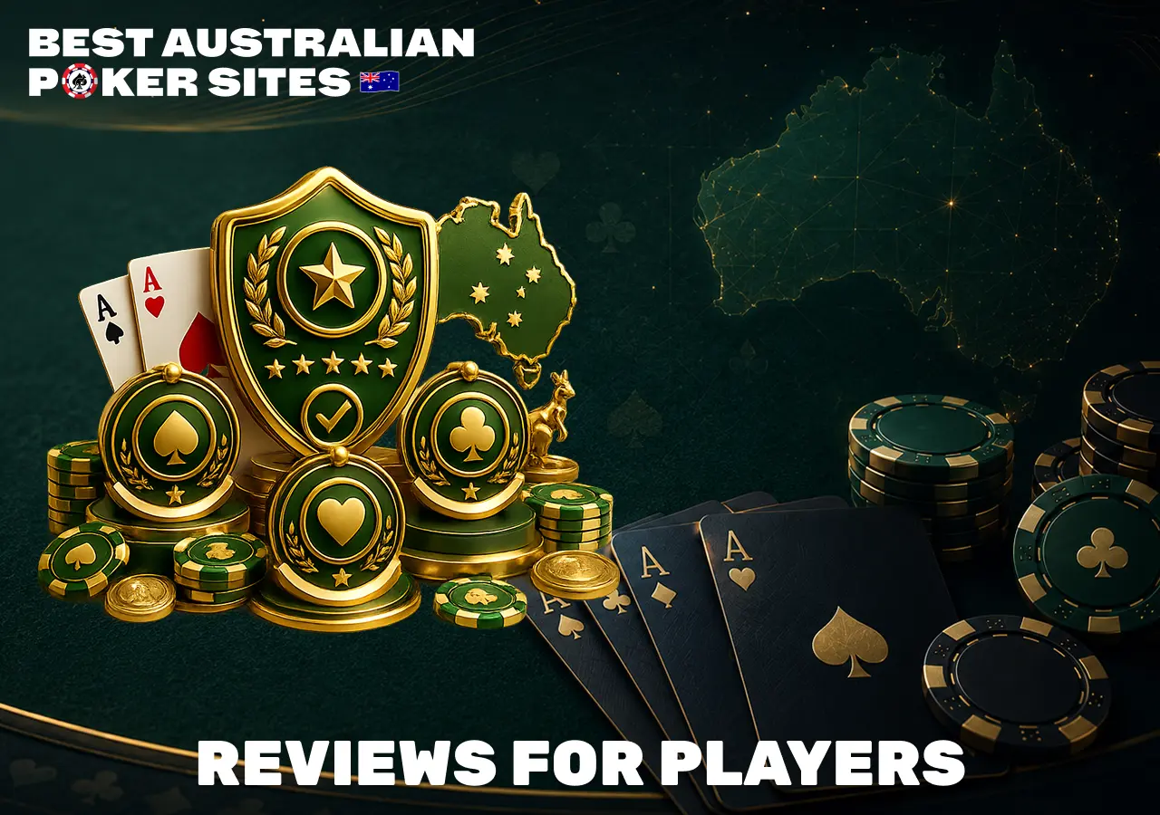 poker site review graphic with ratings, player feedback and trusted poker rooms