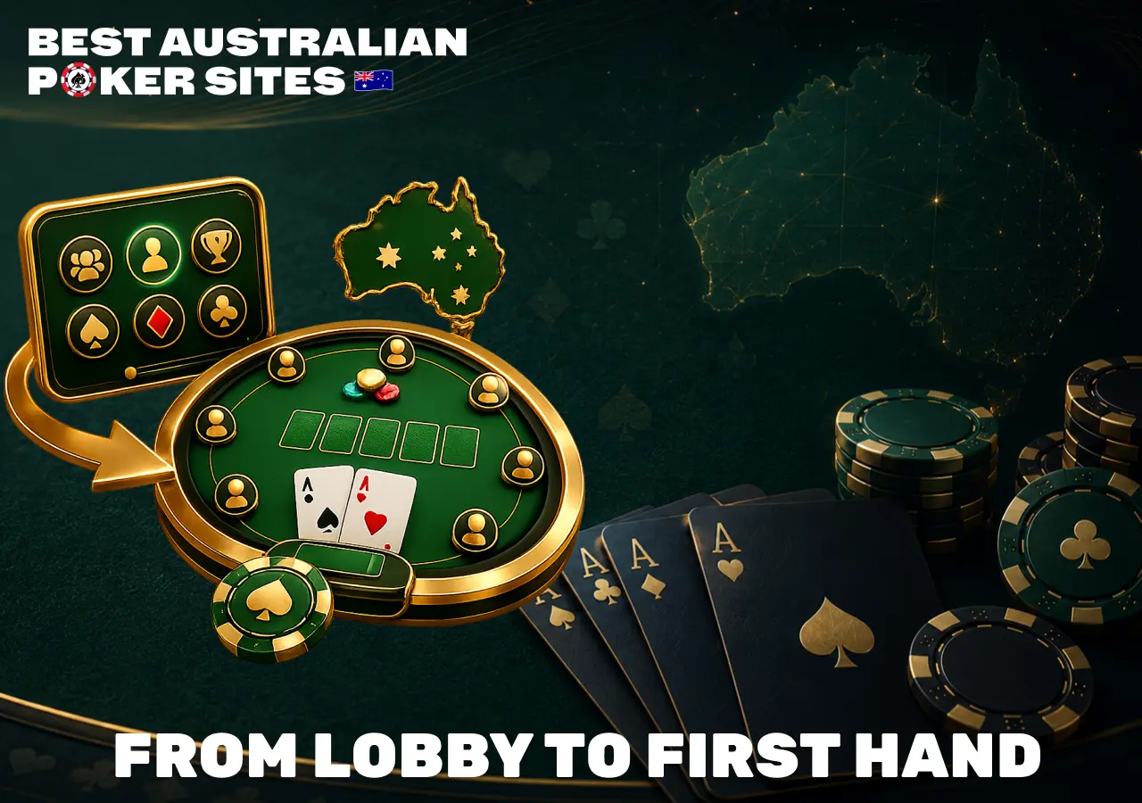 Online poker beginner guide graphic showing the journey from lobby to first poker hand
